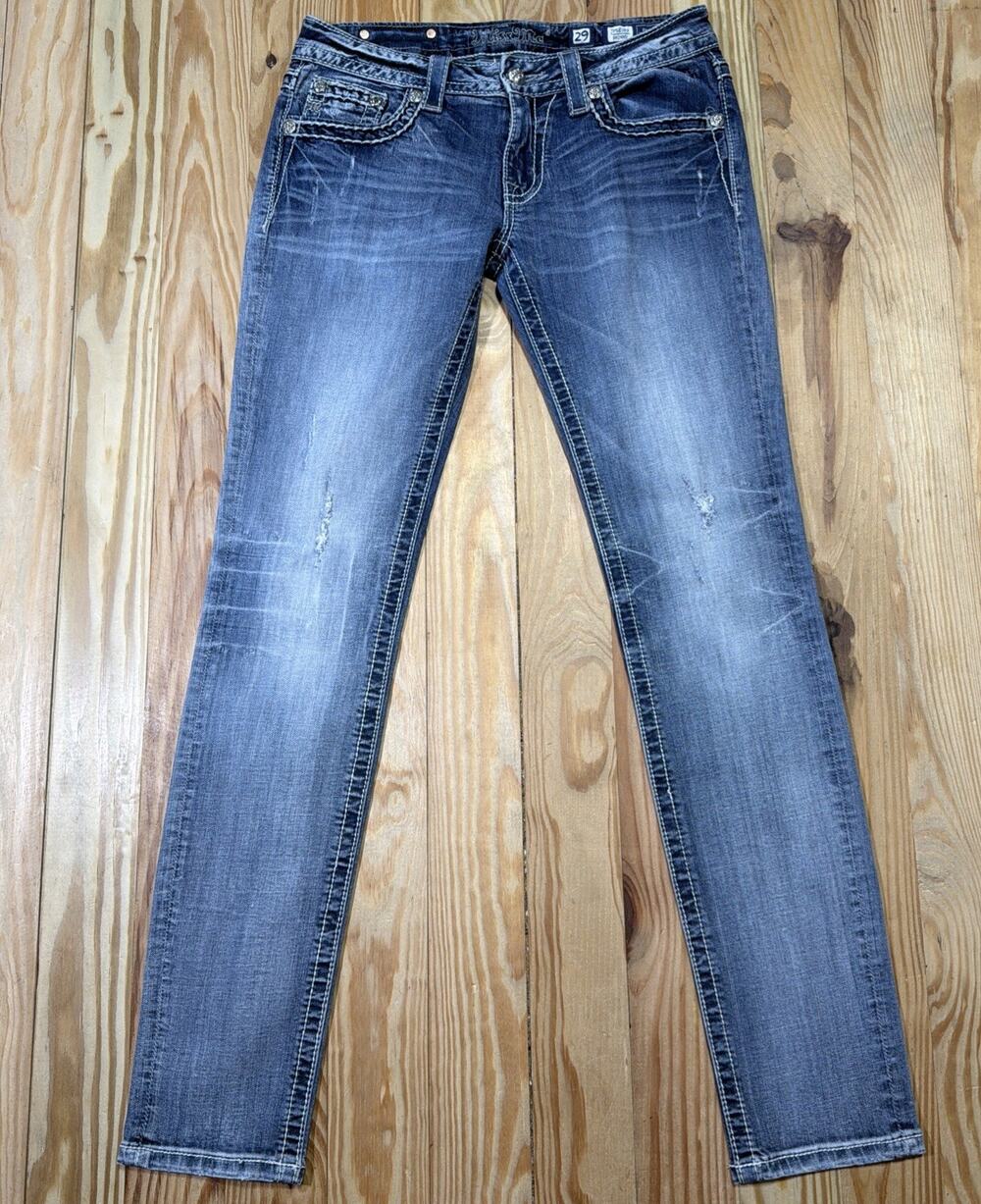 Miss Me Women's 29 Jeans Skinny JP58165 Leather Cross Embellished Low Rise